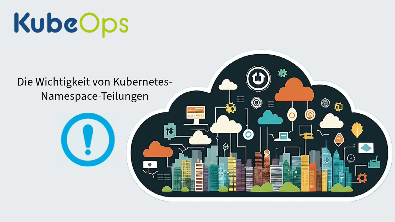 Eine Illustration mit dem KubeOps-Logo oben links. Darunter steht der Text: "Die Wichtigkeit von Kubernetes-Namespace-Teilungen". Das Bild zeigt eine große Wolkengrafik, die verschiedene Symbole und Elemente der Technologie und Infrastruktur enthält, wie Server, Zahnräder und Datensymbole. Links befindet sich ein blauer Kreis mit einem Ausrufezeichen darin.