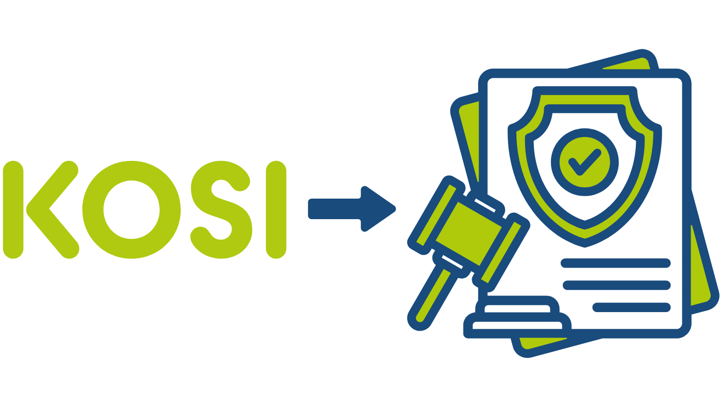 Logo von KOSI mit einem Pfeil, der auf ein Symbol für Compliance zeigt – bestehend aus einem Richterhammer und Dokumenten mit einem Sicherheitswappen.