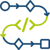 Symbolische Darstellung eines Infrastructure-as-Code-Workflows mit Diagrammelementen und einem Code-Symbol in der Mitte.