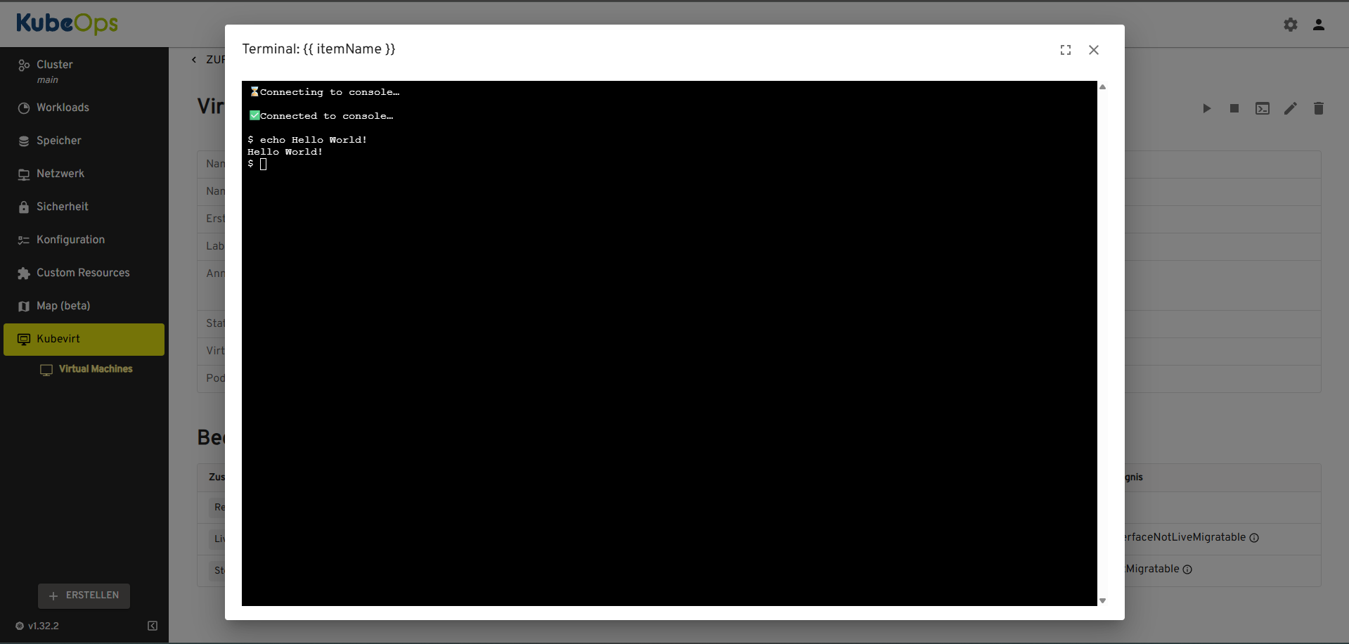 Picture of our KubeOps VM Dashboard with open Terminal