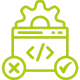 Green pictogram in the form of a code and an X and a hook. Above this is a cogwheel. This is intended to symbolize the development phase.