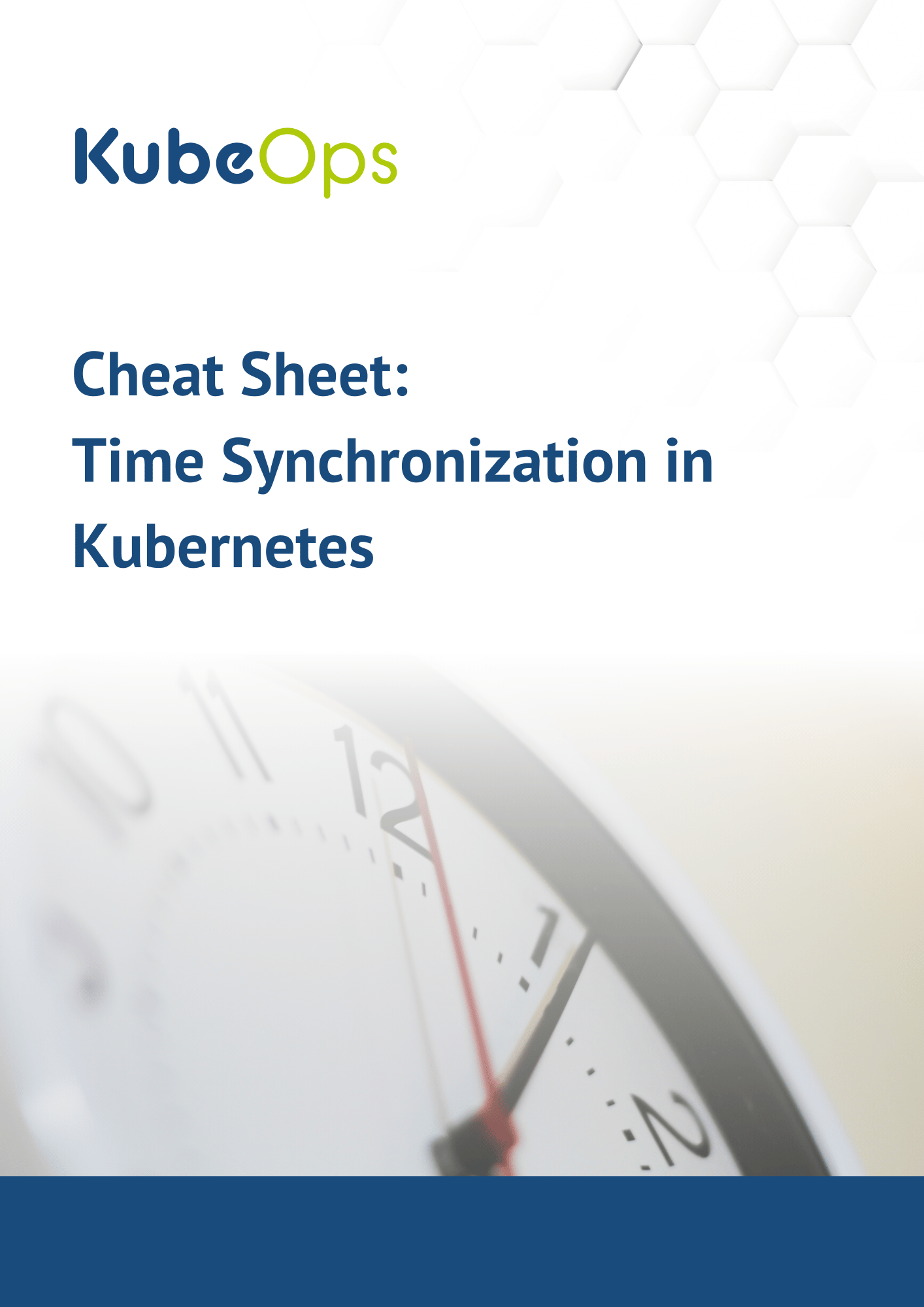 Cover page of the cheat sheet "Time Synchronization in Kubernetes" featuring the KubeOps logo, title, subtitle, and a blurred image of an analog clock.