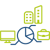 A pictogram to represent working models with pie chart, suitcase, monitor and building