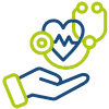 Pictogram with a hand and a heart and stethoscope above it