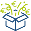 A pictogram for a box from which confetti and money jump out