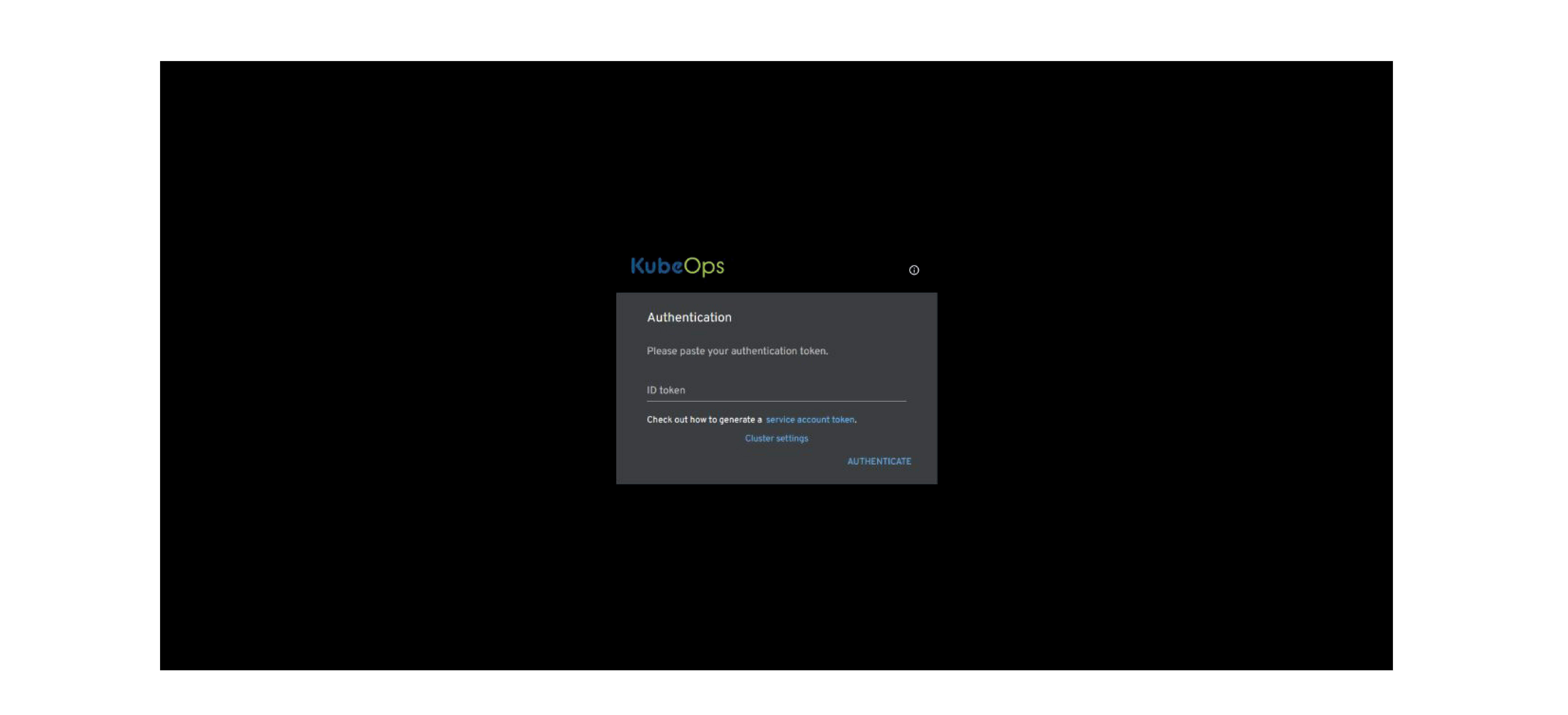 Das Bild zeigt einen Anmeldebildschirm für das KubeOps-Dashboard, der um Benutzerauthentifizierung bittet. Es hat ein dunkles Thema mit einem zentralen grauen Kasten, der den Text „Authentication“ (Authentifizierung) enthält, gefolgt von einer Aufforderung, „Please paste your authentication token.“ (Bitte fügen Sie Ihren Authentifizierungstoken ein.) Unter der Aufforderung befindet sich ein Eingabefeld mit der Bezeichnung „ID token“ (ID-Token). Außerdem gibt es einen Link mit Anweisungen zum „how to generate a service account token, Cluster settings.“ (Wie man einen Dienstkonto-Token generiert, Cluster-Einstellungen.) Am unteren Rand des Kastens befindet sich ein „AUTHENTICATE“-Button (Authentifizieren). Das Logo von KubeOps ist in der oberen linken Ecke des Bildschirms zu sehen.