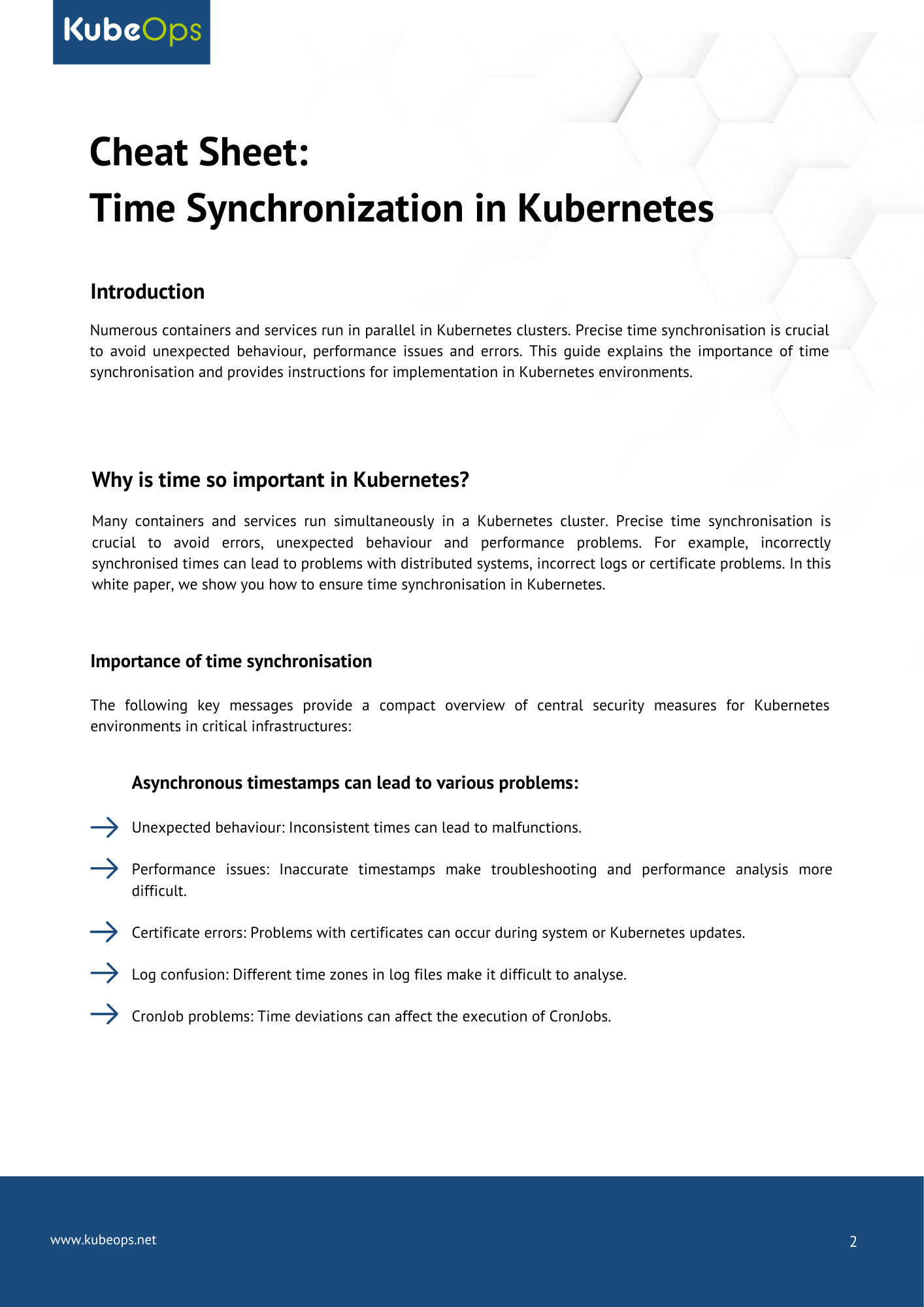 Introduction page of the cheat sheet "Time Synchronization in Kubernetes" featuring the KubeOps logo, main title, introduction text, and a list of problems caused by asynchronous timestamps in Kubernetes.