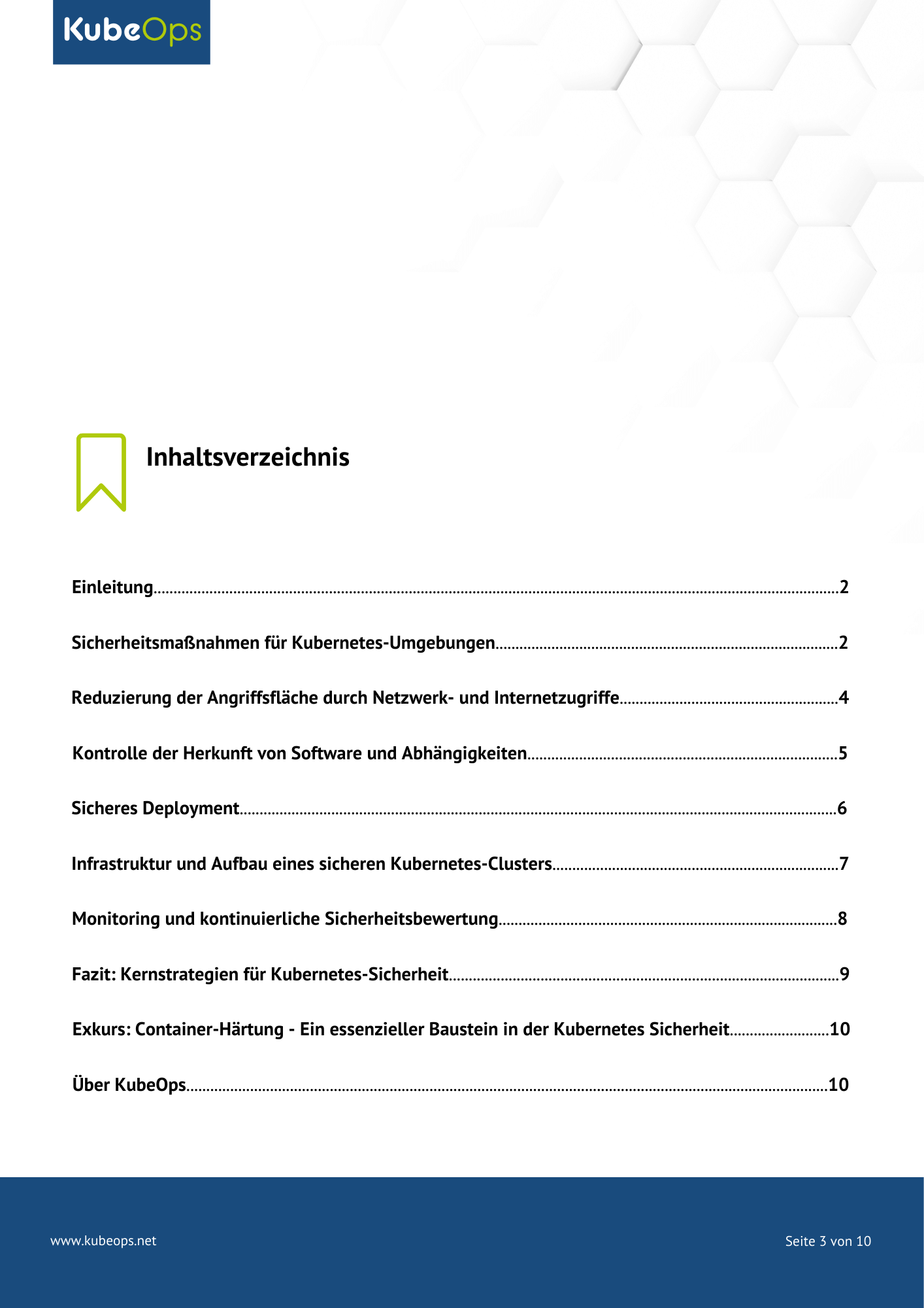 Inhaltsverzeichnis des Whitepapers „Kubernetes-Sicherheit in kritischen Infrastrukturen“ mit KubeOps-Logo, einer stilisierten Lesezeichen-Grafik und einer Liste der Kapitel mit Seitenzahlen.