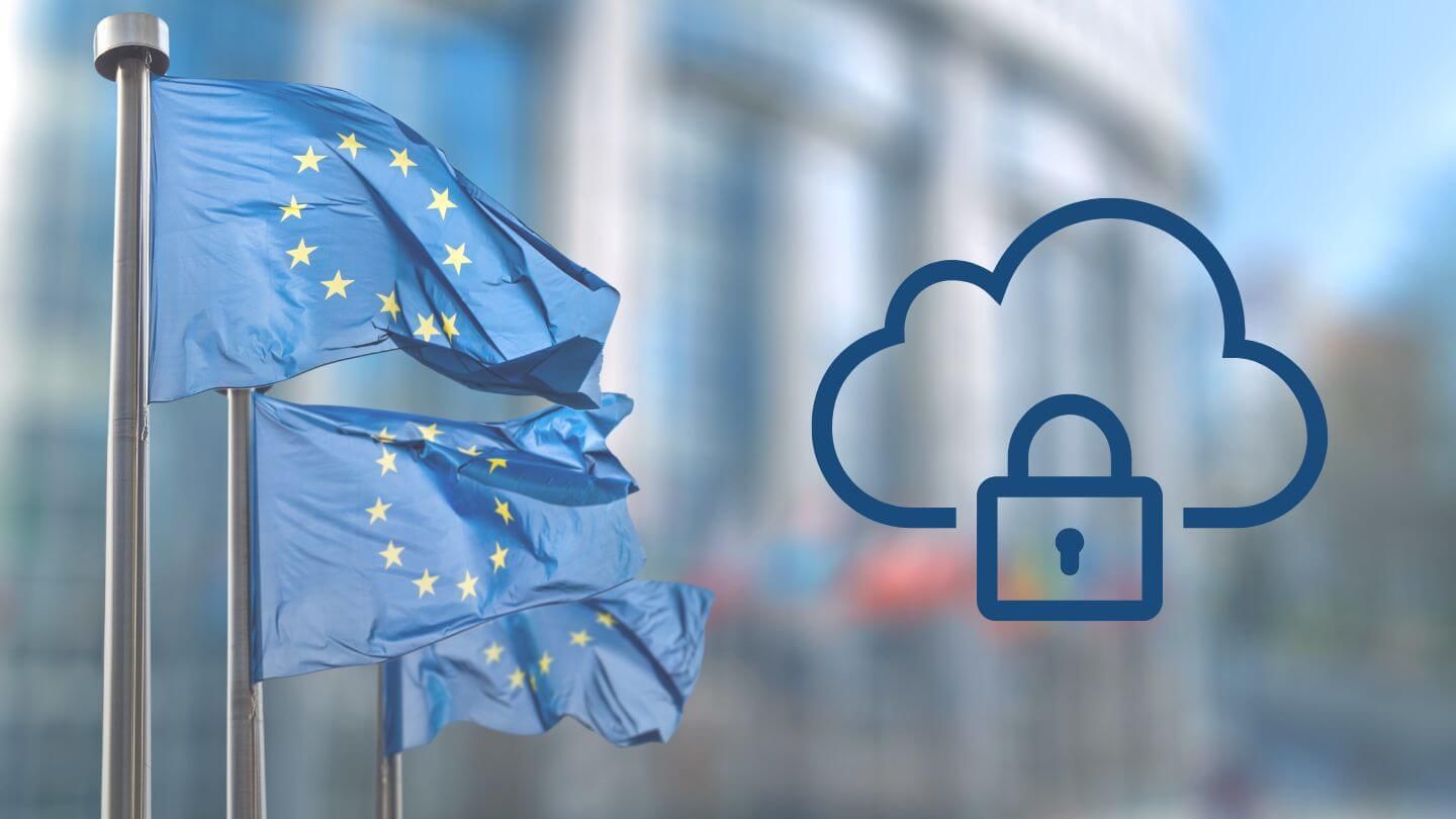 European flags waving in front of a modern building, alongside a cloud security icon with a lock.