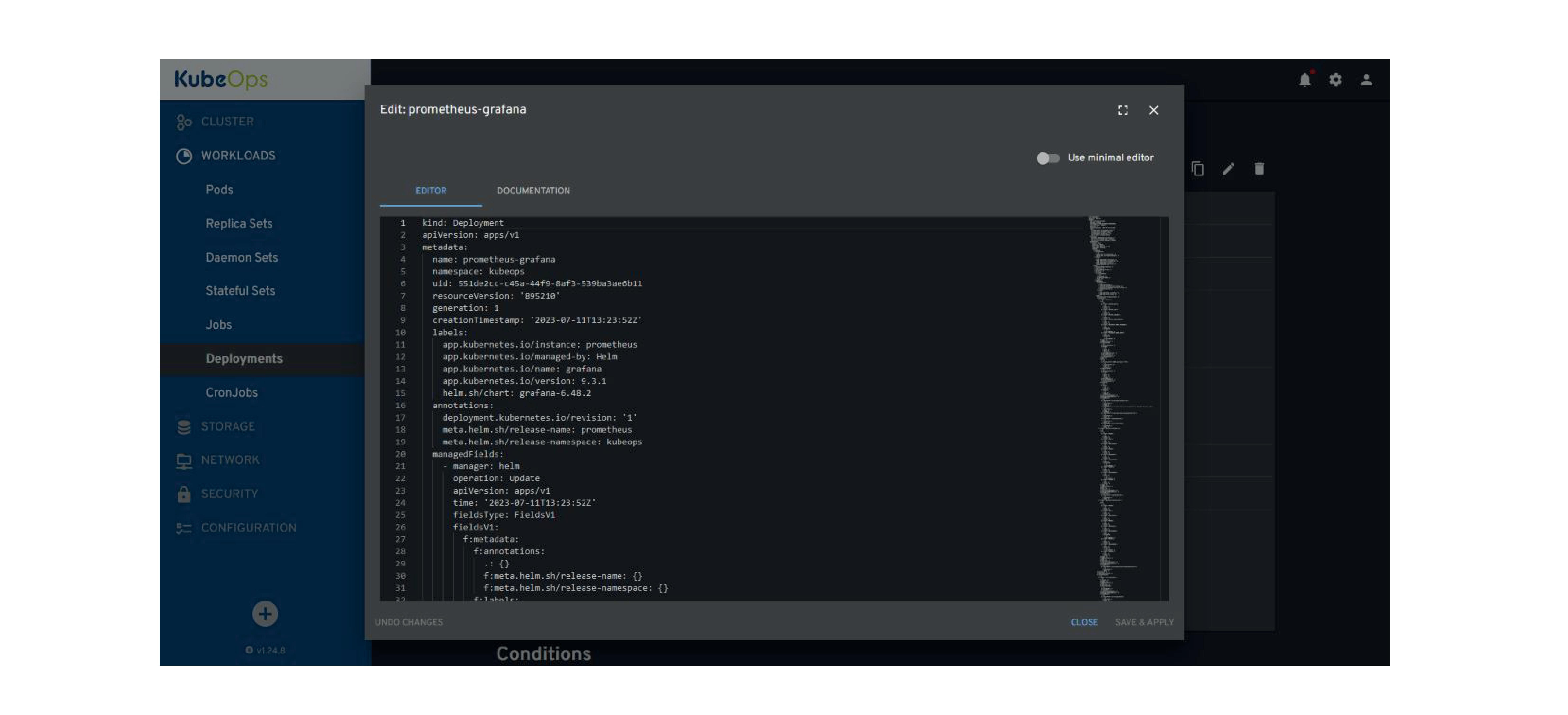 The image displays a KubeOps user interface screen for editing the deployment configuration of "prometheus-grafana". The left side shows a navigation bar with options for "Cluster", "Workloads", which includes "Pods", "Replica Sets", "Daemon Sets", "Stateful Sets", "Jobs", "Deployments", "CronJobs", and sections for "Storage", "Network", "Security", and "Configuration". The main panel is an editor window with YAML code detailing the deployment settings such as the kind, API version, metadata, labels, and annotations specific to Helm management. The YAML code includes sections for metadata like name, namespace, labels, and annotations including release names and namespaces managed by Helm. The interface has a minimalist, dark design with options to "Close", "Save & Apply", and switch to a "minimal editor".