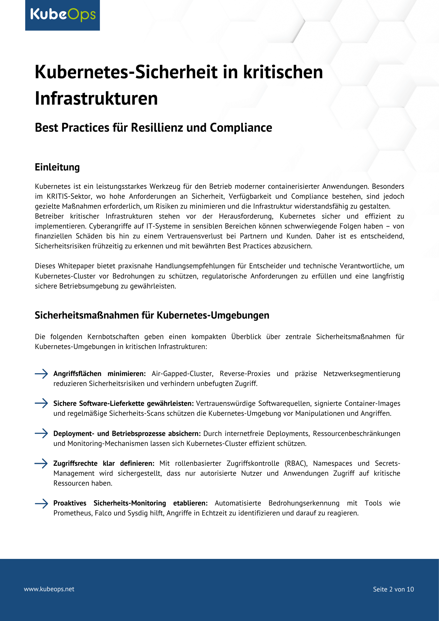 Seite mit Einleitung des Whitepapers „Kubernetes-Sicherheit in kritischen Infrastrukturen“ mit KubeOps-Logo, Hauptüberschrift, Unterüberschrift und Text zur Einführung in Kubernetes-Sicherheit.