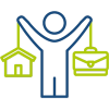 Pictogram to represent work-life balance. A person with a briefcase in the right hand and a house in the other hand