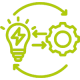 Green pictogram with a light bulb and a cogwheel, symbolizing the handover to operations with arrows going in a circle.