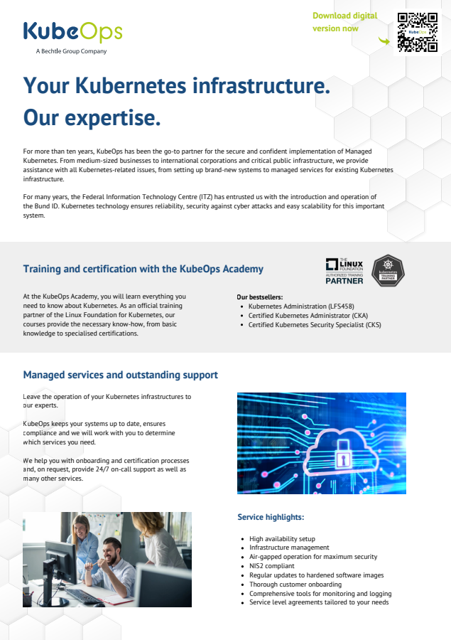 First page of the one pager Your Kubernetes Infrastructure. our Expertise.