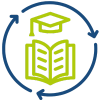 A pictogram representing further education, with a book and a doctor's cap