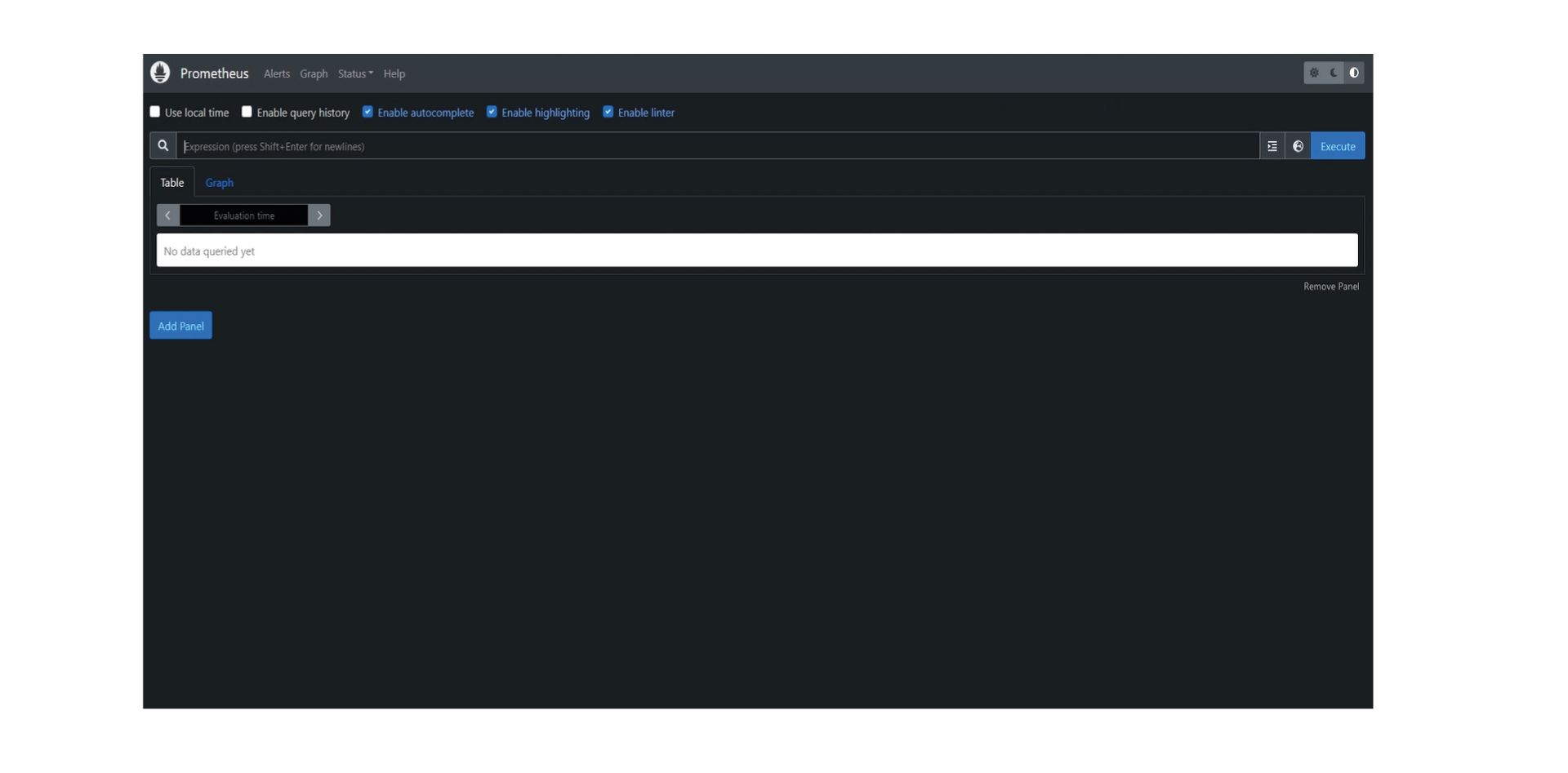 Das Bild ist ein Screenshot der Web-Oberfläche von Prometheus. Es zeigt eine Abfrageleiste mit Optionen wie "Use local time" (Lokale Zeit verwenden), "Enable query history" (Abfrageverlauf aktivieren), "Enable autocomplete" (Autovervollständigung aktivieren), "Enable highlighting" (Hervorhebung aktivieren) und "Enable linter" (Linter aktivieren). Die Oberfläche ist überwiegend dunkel gehalten mit einem Eingabefeld für Abfragen mit der Beschriftung "Expression (press Shift+Enter for newlines)" (Ausdruck (für neue Zeilen Shift+Enter drücken)) und Schaltflächen für "Table" (Tabelle) und "Graph" (Grafik) Ansichten. Es gibt eine Meldung "No data queried yet" (Noch keine Daten abgefragt) und einen Button "Add Panel" (Panel hinzufügen). Die obere Navigationsleiste beinhaltet Tabs für "Alerts" (Alarme), "Graph" (Grafik), "Status" und "Help" (Hilfe). Das gesamte Layout ist sauber und zweckmäßig, konzipiert für die Eingabe und Auswertung von Datenabfragen in Prometheus.