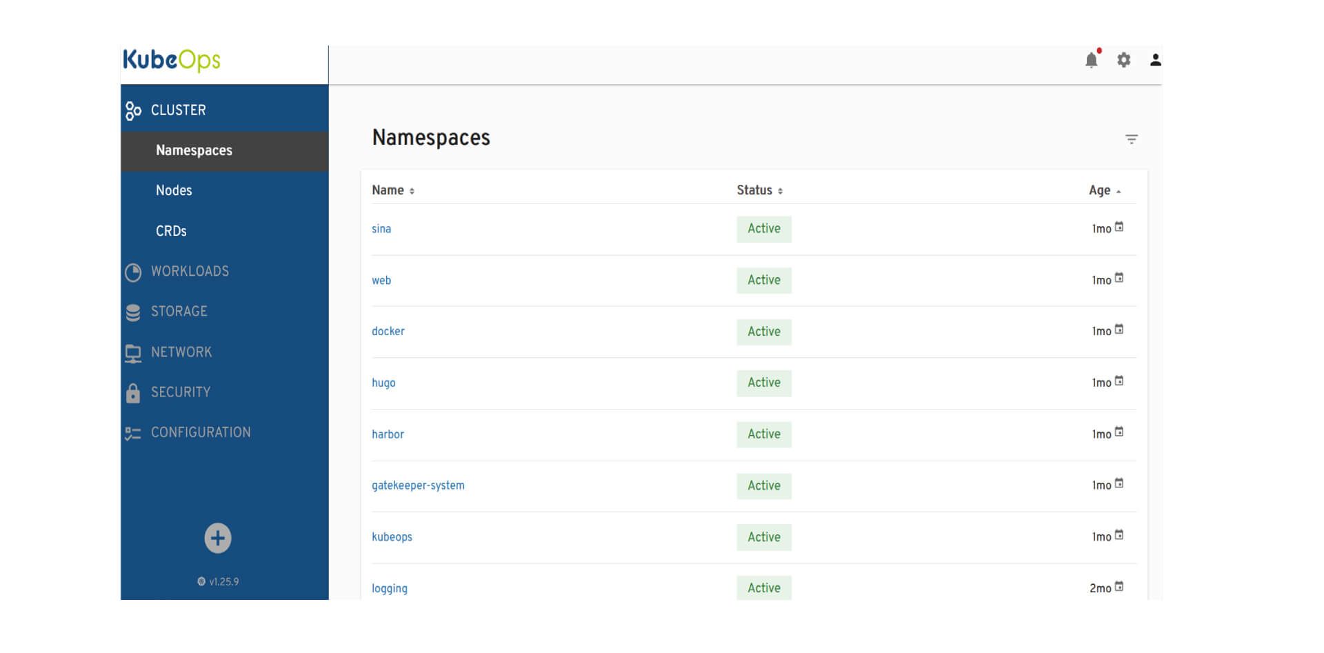 The image shows a screenshot of the KubeOps dashboard interface with a focus on the "Namespaces" section within the "CLUSTER" category. The left sidebar is colored in shades of blue, highlighting the active section "Namespaces", and includes other menu items such as Nodes, CRDs, Workloads, Storage, Network, Security, and Configuration, along with the version number of the software at the bottom. The main content area lists Kubernetes namespaces in a table format with columns for "Name", "Status", and "Age". Each row lists a namespace name such as 'sina', 'web', 'docker', with all statuses marked as "Active" and the age varying from "1mo" to "2mo". The interface has a clean, modern look with a light background for the table, making the text easy to read.