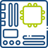 Symbolische Darstellung einer Hardware-Komponente mit CPU, RAM und GPU auf einem Mainboard.