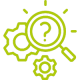 Green pictogram with a magnifying glass and cogwheels, symbolizing the analysis phase