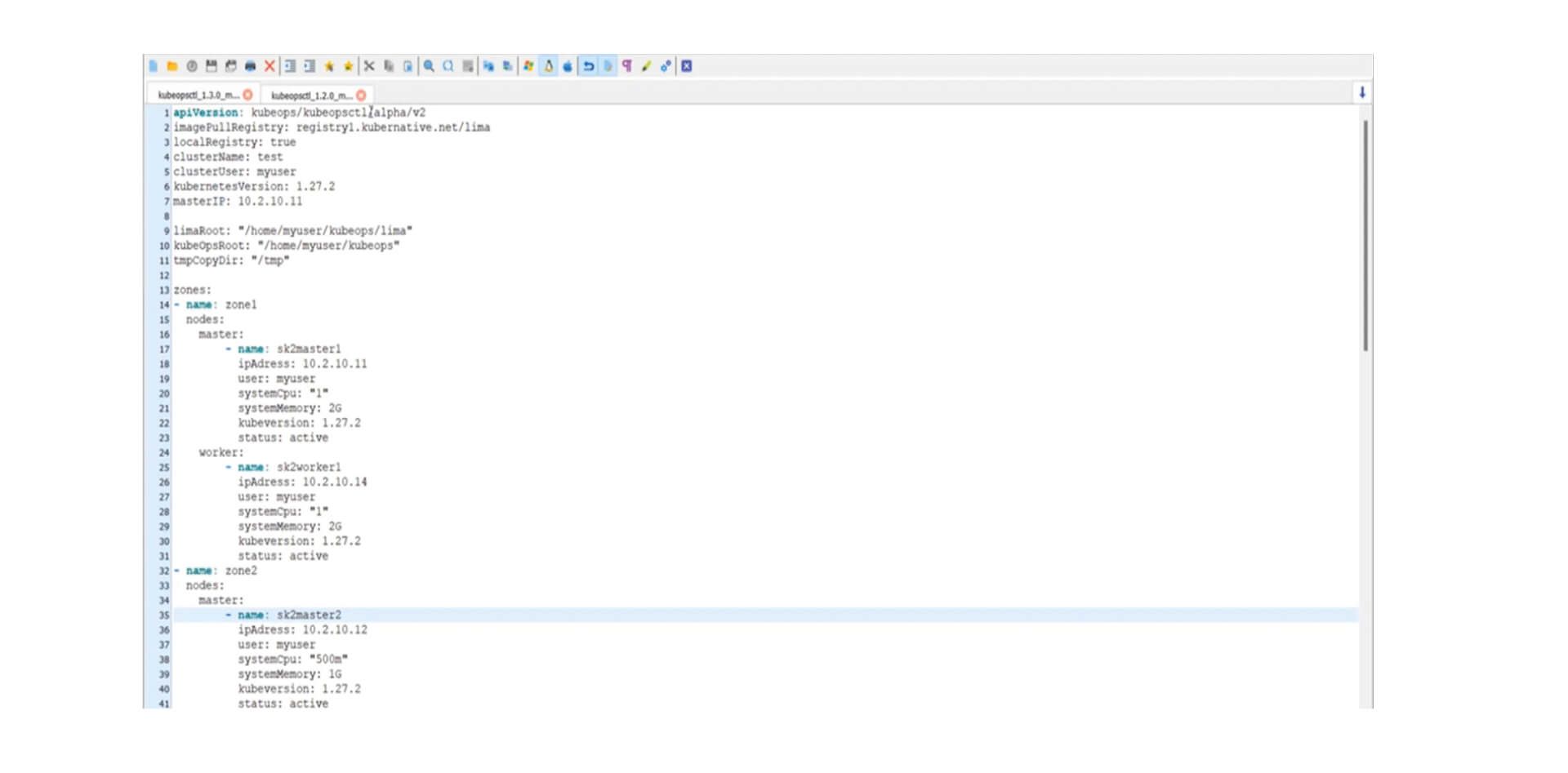 Das Bild ist ein Screenshot eines Texteditors, der eine YAML-Konfigurationsdatei für KubeOps anzeigt. Es beinhaltet Einstellungen für die API-Version, Richtlinien für das Herunterladen von Images, lokales Registry, Cluster-Namen, Benutzer, Kubernetes-Version, Master-IP, Pfade für Lima und KubeOps-Roots sowie ein temporäres Verzeichnis. Zusätzlich werden zwei Zonen mit Knotenkonfigurationen für Master und Worker detailliert beschrieben, einschließlich Namen, IP-Adressen, Benutzernamen, System-CPU und Speicherressourcen, Kubernetes-Version und Status. Der Text wird in einer klassischen Programmierumgebung mit Zeilennummern dargestellt, und die Konfigurationsdaten sind übersichtlich angeordnet, um das Lesen und Bearbeiten zu erleichtern.