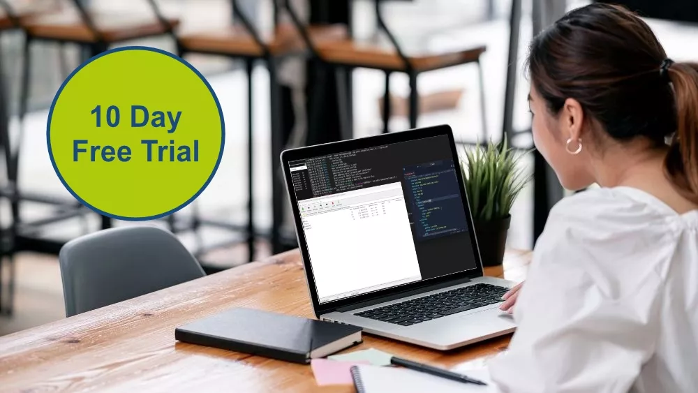Woman working with KubeOps KOSI on a Laptop, next to her a button reading "10 Day Free Trial"