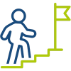 A pictogram of a person running up a flight of stairs to reach a destination